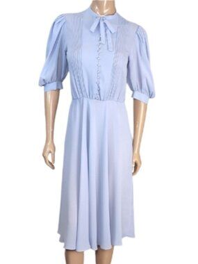 Vintage 70s Algo Tie Neck Midi Dress Pearl Periwinkle Chiffon Cottagecore